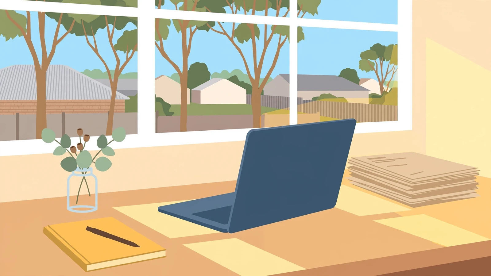Australian home office desk with laptop, research papers, and eucalyptus in morning light.