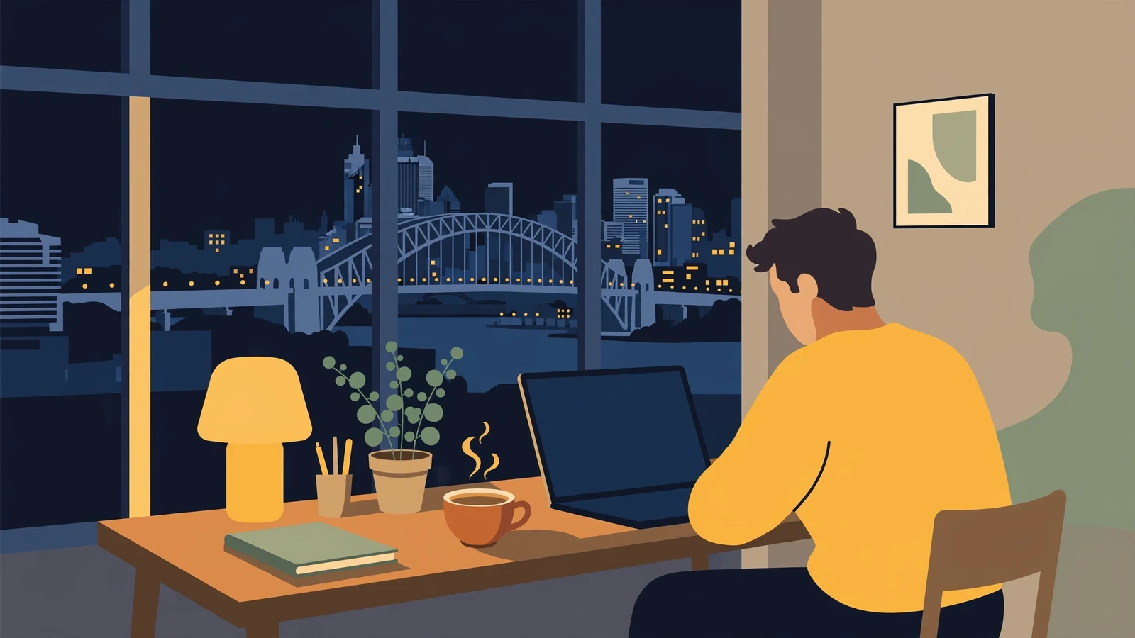 Person at laptop in Australian apartment at night, hinting at private online activity.