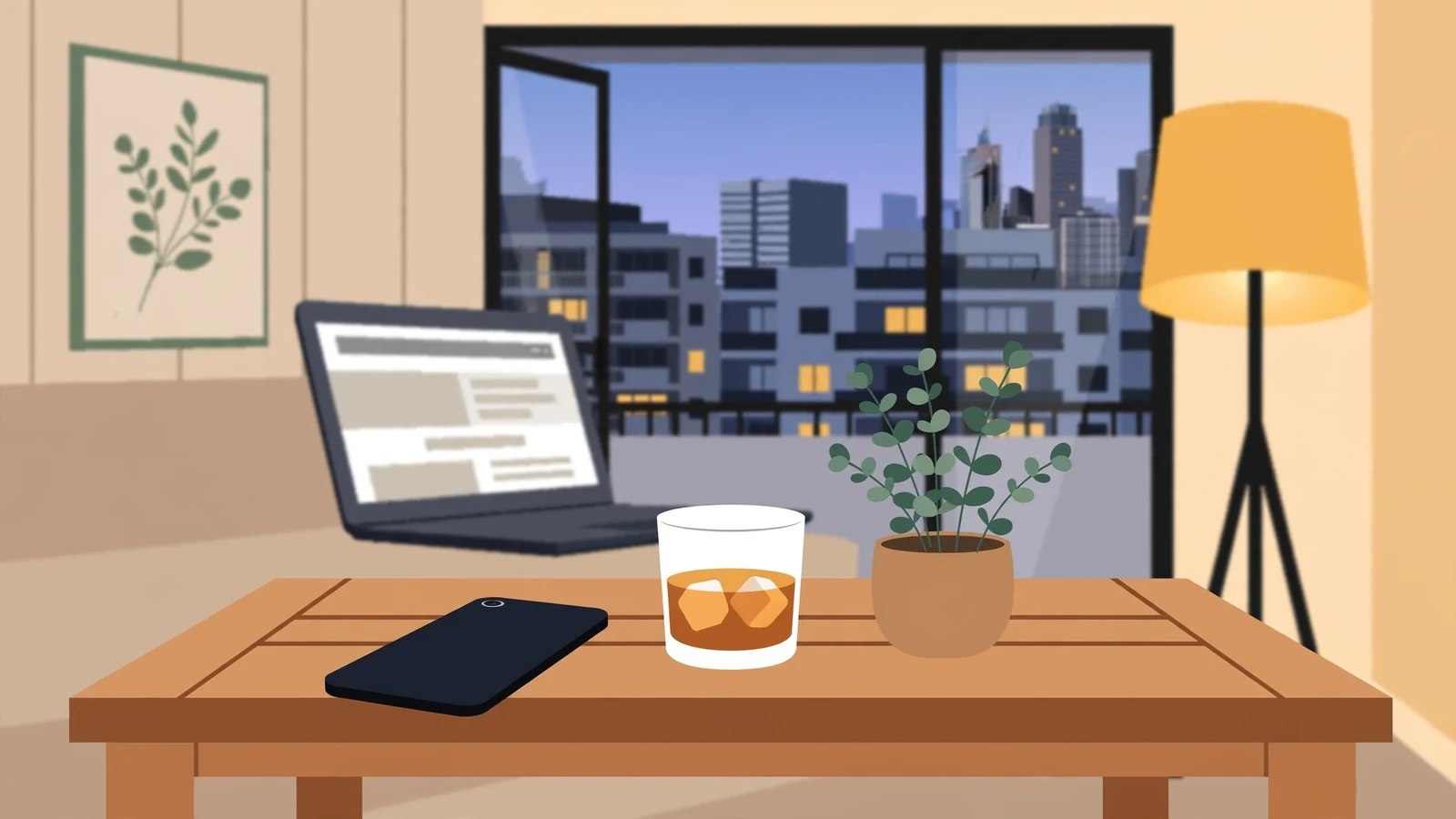 Sydney apartment at dusk with smartphone, laptop, whisky, and eucalyptus