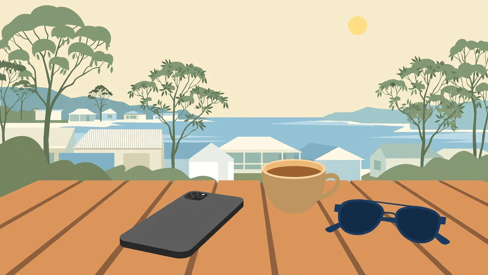 Android smartphone on a sunny Australian coastal cafe table