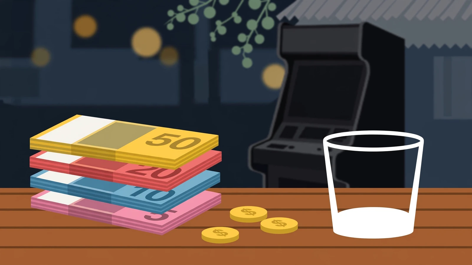 Stacked Australian banknotes and gold coins on a wooden pub table
