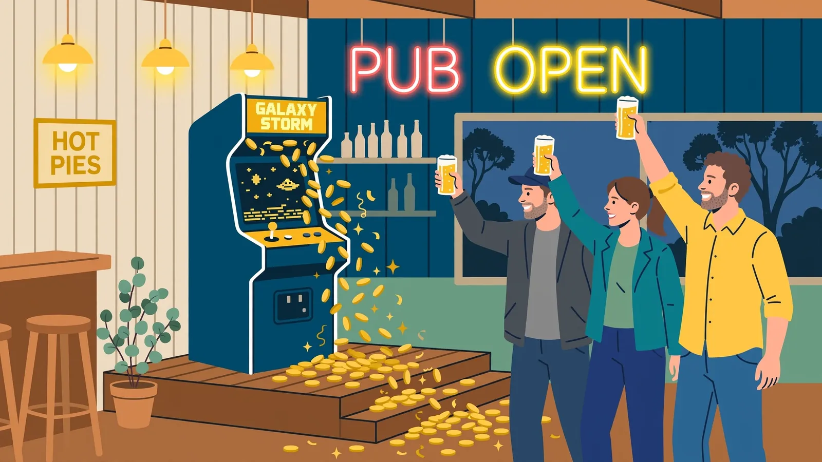 Australian pub with a slot machine spilling gold coins in celebration