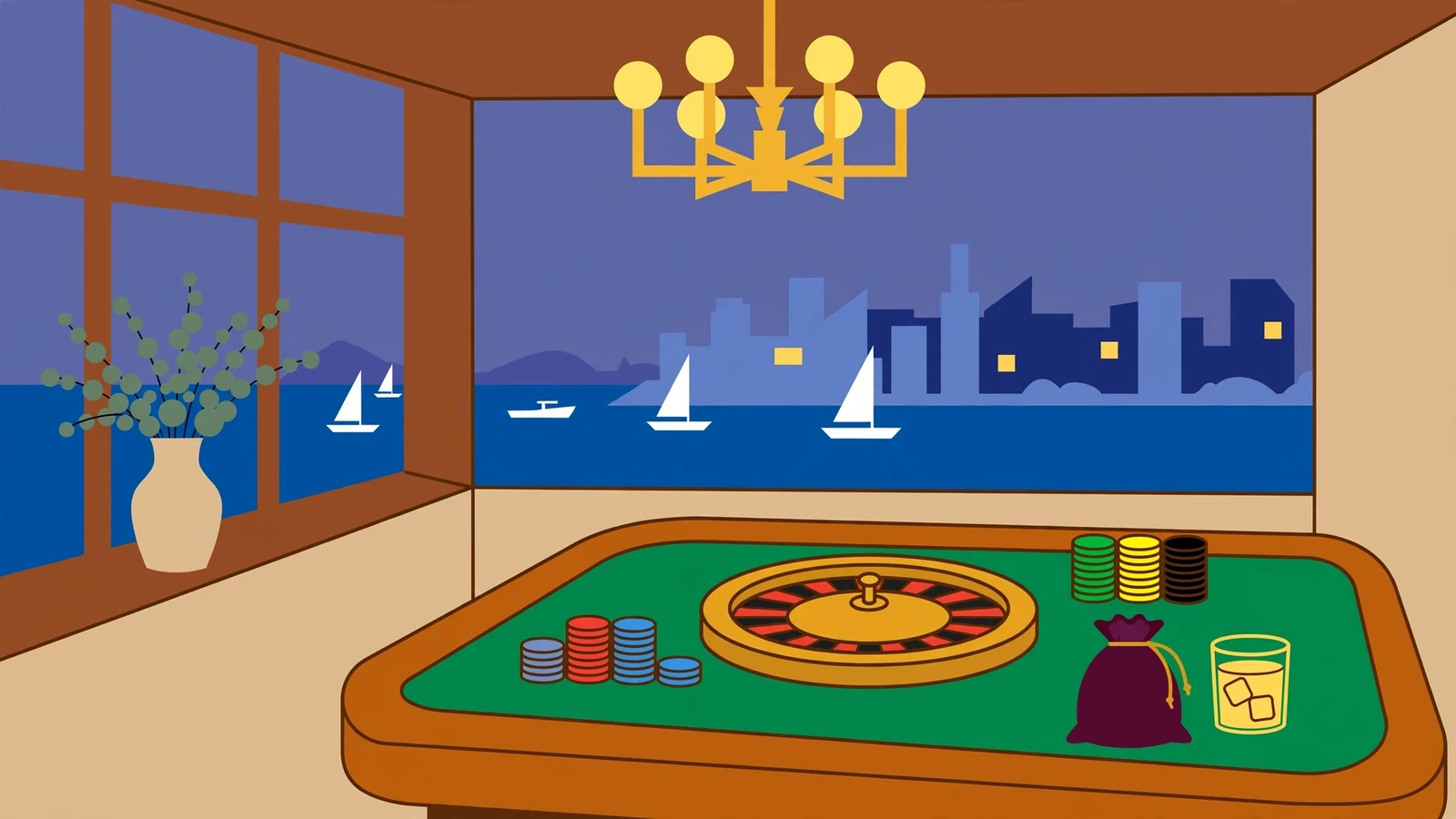 Casino lounge with roulette table, chips and Australian harbor view at dusk.
