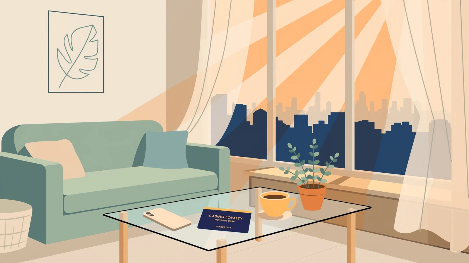 Australian coastal home lounge with smartphone, loyalty card and coffee on table