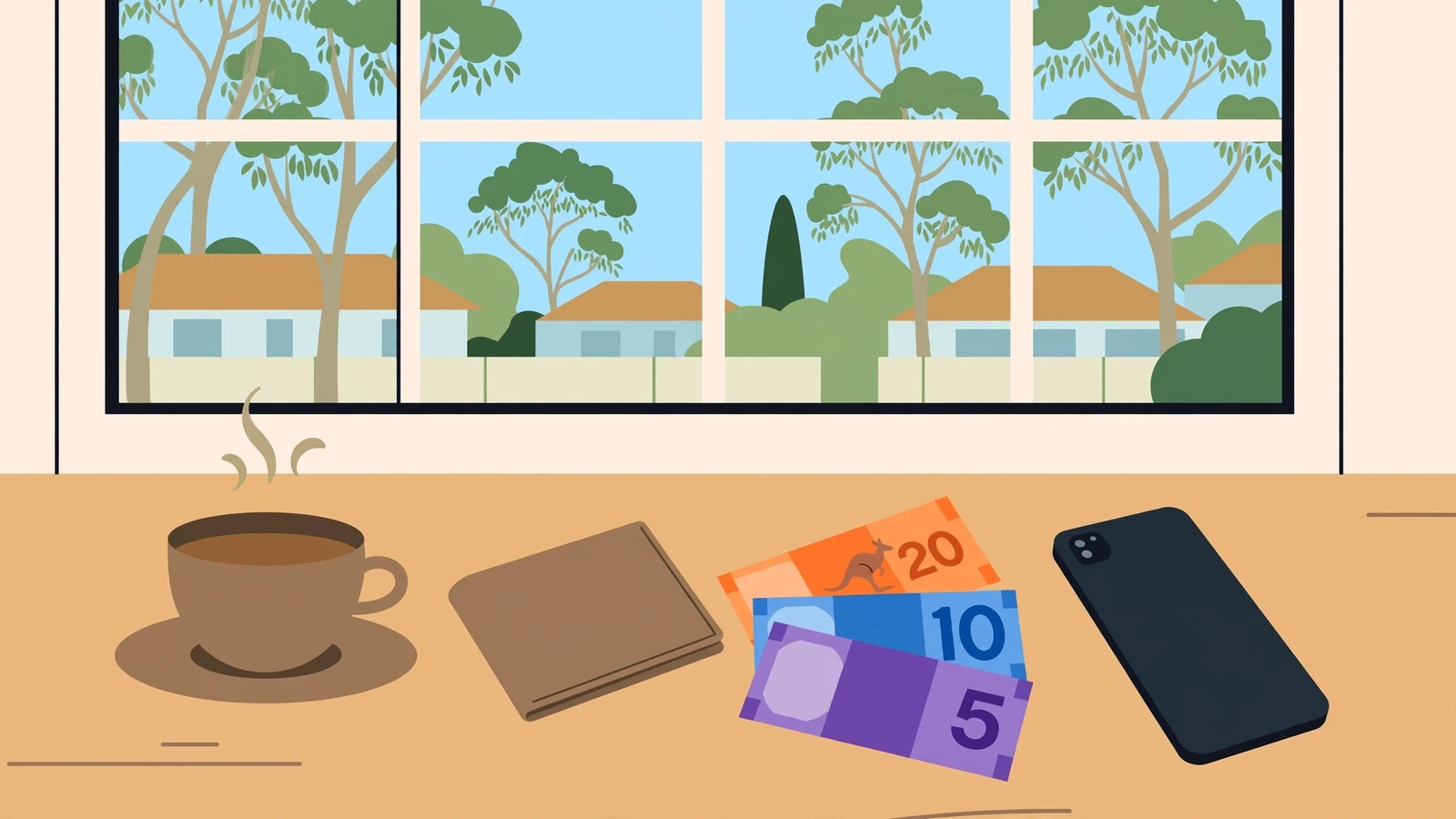 Smartphone on desk with Australian money and coffee, suburban view outside