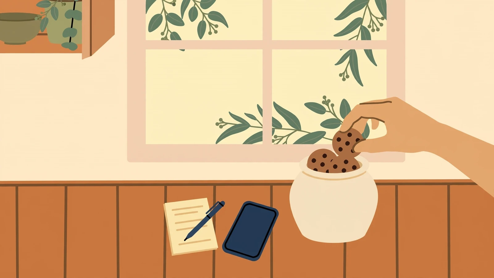 Hand reaching for a cookie beside a face-down smartphone in a sunlit Australian kitchen.