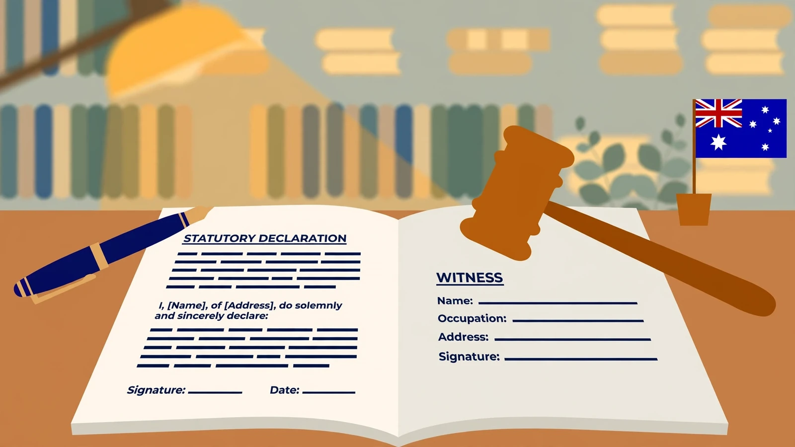 Legal disclaimer document with gavel and small Australian flag on a wooden desk