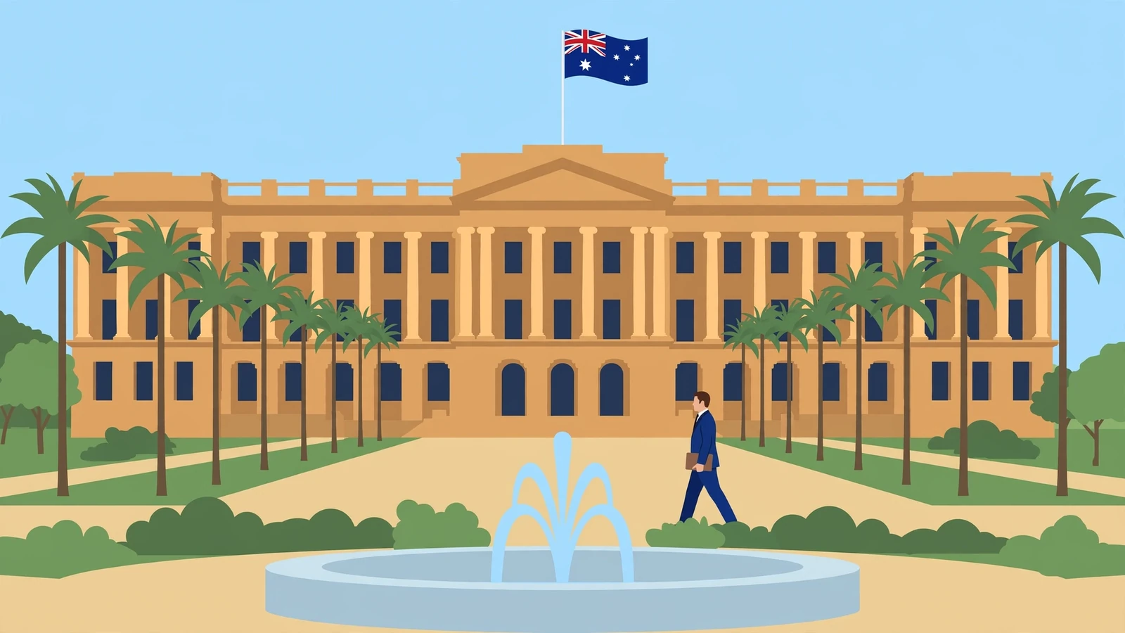 Brisbane government precinct with sandstone building, flag and palm-lined walkway.