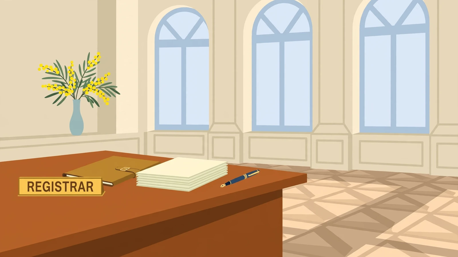 Australian courtroom desk with legal documents and brass nameplate