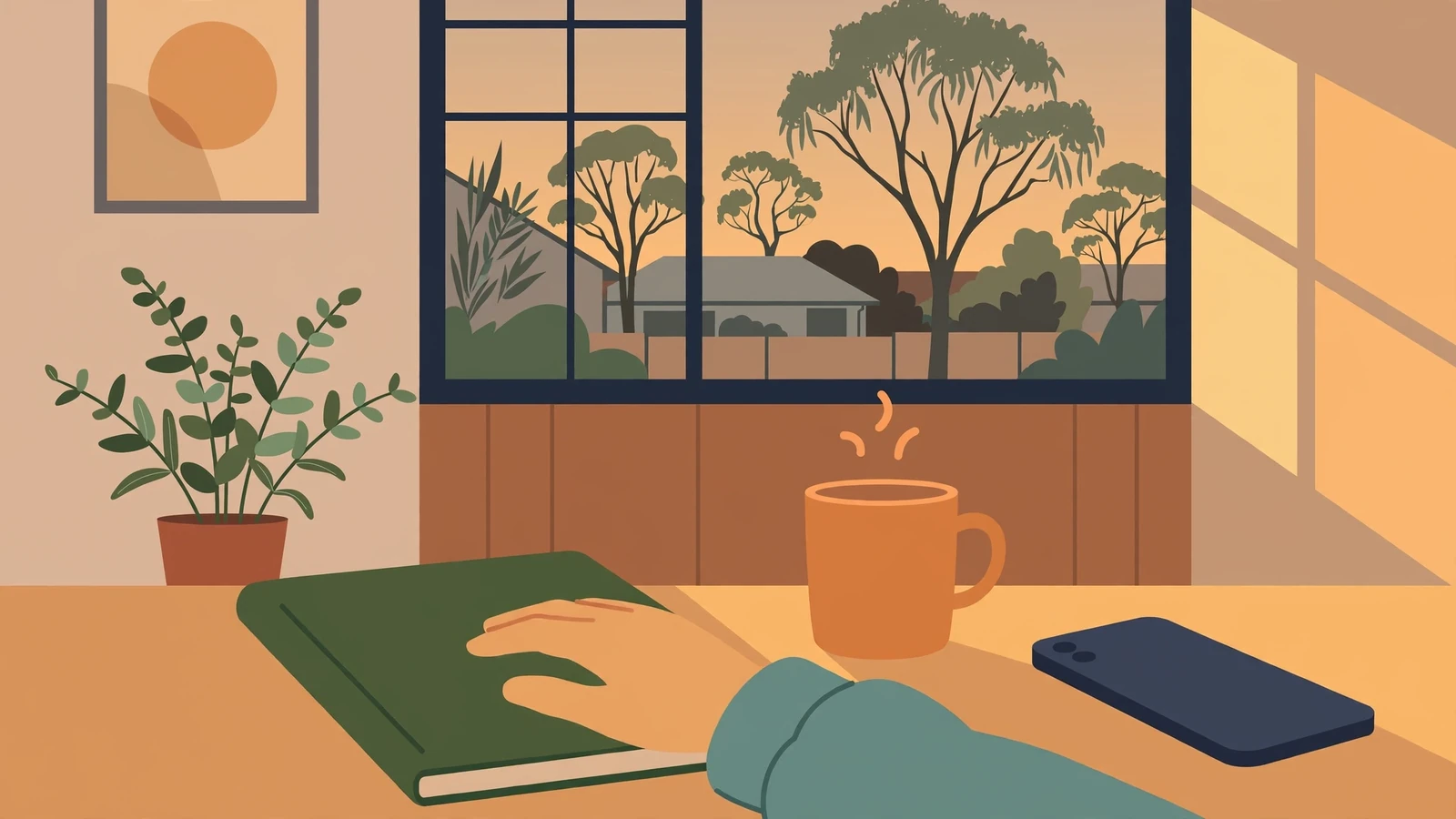 Hand resting near a face-down phone and notebook in a softly lit Australian living room.