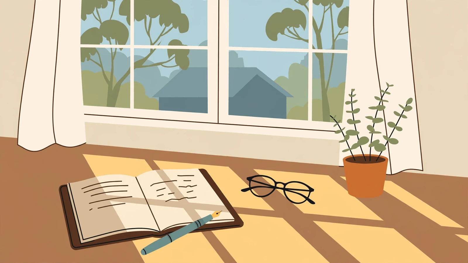 Australian home office desk with notebook, pen, glasses, and eucalyptus plant in morning light.